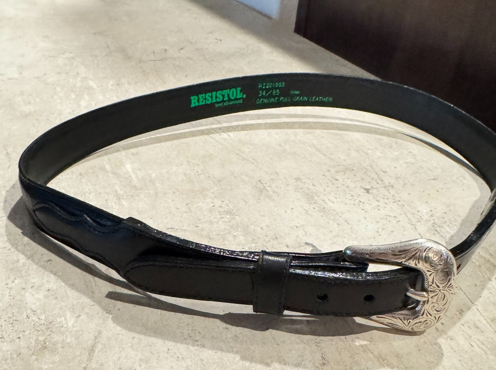 Resistol Black Full Grain Leather Western Belt Size 34 Silver Tone Etched Buckle